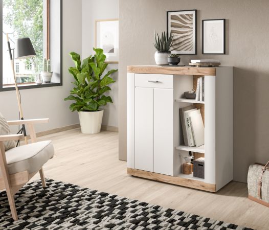 Kommode Laredo in wei matt und Nox Eiche Landhaus Wohn- und Esszimmer Highboard 91 x 104 cm