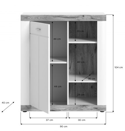 Kommode Laredo in wei matt und Nox Eiche Landhaus Wohn- und Esszimmer Highboard 91 x 104 cm