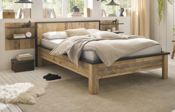 Schlafzimmer Set 3-teilig Stove in Used Wood hell und anthrazit mit Einzelbett Liegeflche 140 x 200 cm und 2 x Wandpaneel