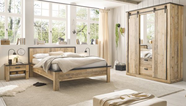Schlafzimmer Set 4-teilig Stove in Used Wood hell und anthrazit mit Einzelbett 140 x 200 cm, Kleiderschrank und 2 x Nachttisch