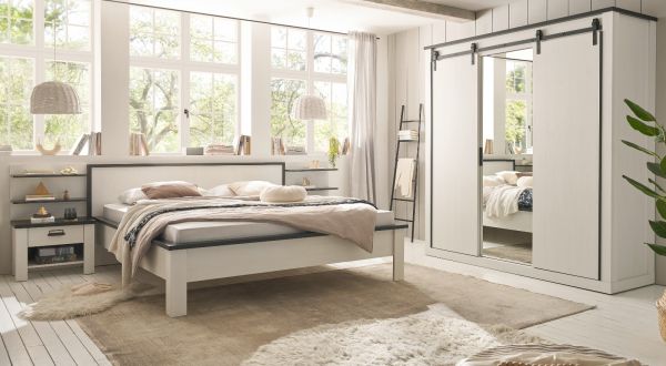Schlafzimmer Set 6-teilig Stove in wei Pinie Landhaus mit Doppelbett 180 x 200 cm und Kleiderschrank