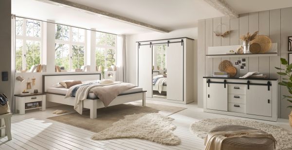 Schlafzimmer Set 6-teilig Stove in wei Pinie Landhaus mit Bett, Kleiderschrank, Wandboard, Sideboard und 2 x Nachttisch