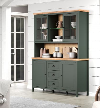 Buffetschrank Stanton in grn und Evoke Eiche Landhaus Wohn- und Esszimmer Vitrine inklusive LED 146 x 198 cm