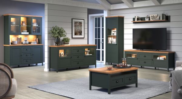 Buffetschrank Stanton in grn und Evoke Eiche Landhaus Wohn- und Esszimmer Vitrine inklusive LED 146 x 198 cm