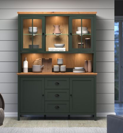 Buffetschrank Stanton in grn und Evoke Eiche Landhaus Wohn- und Esszimmer Vitrine inklusive LED 146 x 198 cm