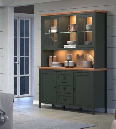 Buffetschrank Stanton in grn und Evoke Eiche Landhaus Wohn- und Esszimmer Vitrine inklusive LED 146 x 198 cm