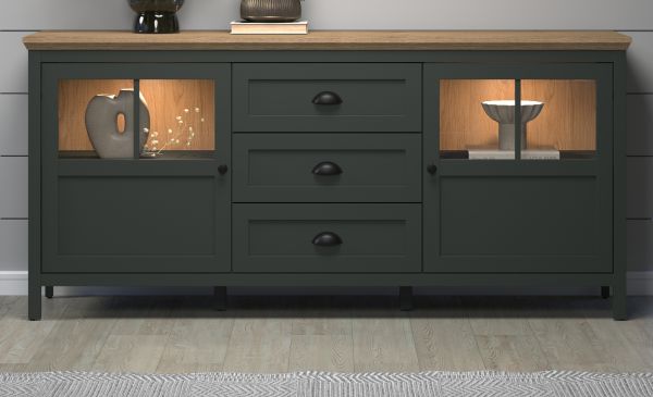 Sideboard Stanton in grn und Evoke Eiche Landhaus Wohn- und Esszimmer Kommode inklusive LED 185 cm