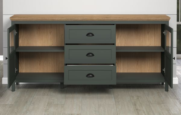 Sideboard Stanton in grn und Evoke Eiche Landhaus Wohn- und Esszimmer Kommode inklusive LED 185 cm