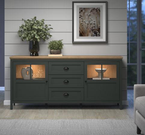 Sideboard Stanton in grn und Evoke Eiche Landhaus Wohn- und Esszimmer Kommode inklusive LED 185 cm