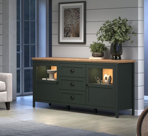 Sideboard Stanton in grn und Evoke Eiche Landhaus Wohn- und Esszimmer Kommode inklusive LED 185 cm
