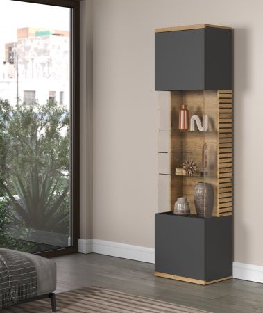 Vitrine Norris in grau und Evoke Eiche Wohn- und Esszimmer Vitrinenschrank mit Soft-Close 51 x 205 cm