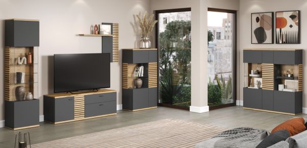 Vitrine Norris in grau und Evoke Eiche Wohn- und Esszimmer Vitrinenschrank mit Soft-Close 51 x 205 cm