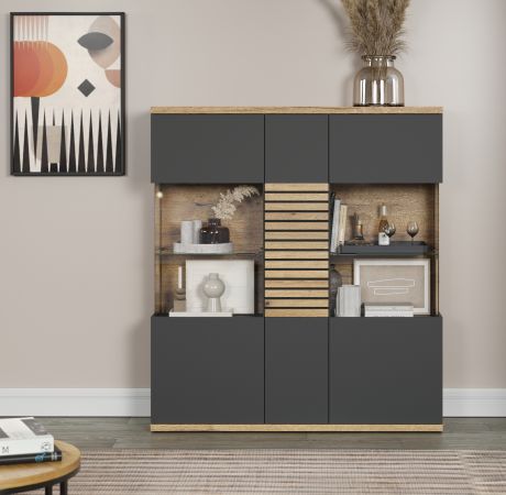 Highboard Norris in grau und Evoke Eiche Wohn- und Esszimmer Vitrine mit Soft-Close 131 x 147 cm