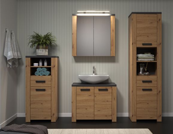 Badezimmer Hochschrank Follow in Artisan Eiche und Matera grau Badschrank 53 x 196 cm
