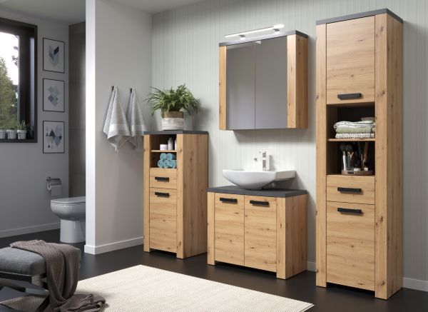 Badmbel Set Follow in Artisan Eiche und Matera grau Badkombination 4-teilig 215 x 196 cm