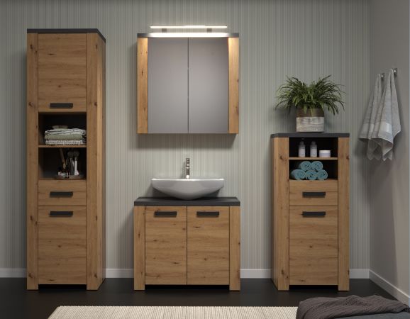 Badmbel Set Follow in Artisan Eiche und Matera grau Badkombination 4-teilig 215 x 196 cm