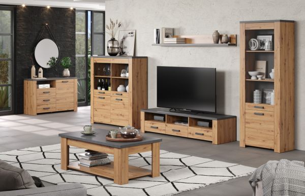 Couchtisch Follow in Artisan Eiche und Matera grau Beistelltisch mit Ablage 120 x 67 cm