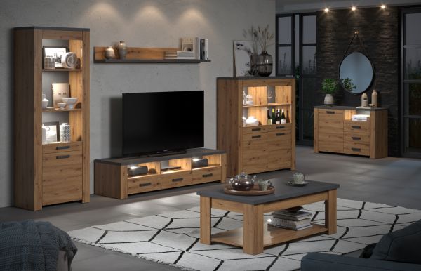 Vitrine Follow in Artisan Eiche und Matera grau Wohn- und Esszimmer Vitrinenschrank 73 x 199 cm
