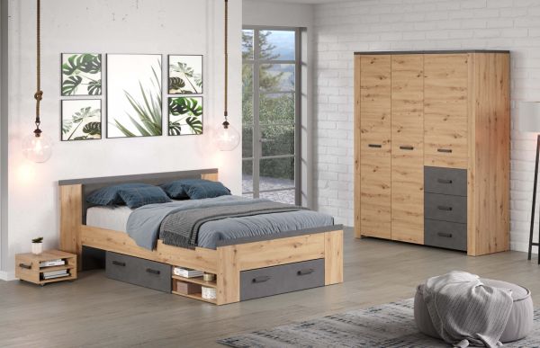 Stauraumbett Follow in Artisan Eiche und grau Set mit 2x Nachttisch und 3x Bettschubkasten Bett 140 x 200 cm