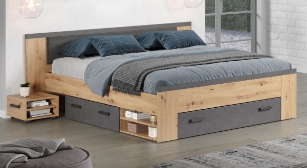 Stauraumbett Follow in Artisan Eiche und grau Set mit 2x Nachttisch und 3x Bettschubkasten Bett 180 x 200 cm