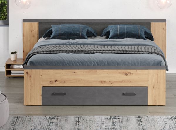 Stauraumbett Follow in Artisan Eiche und grau Set mit 2x Nachttisch und 3x Bettschubkasten Bett 180 x 200 cm