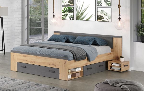 Stauraumbett Follow in Artisan Eiche und grau Set mit 2x Nachttisch und 3x Bettschubkasten Bett 180 x 200 cm