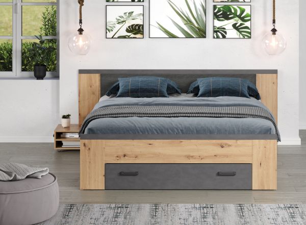 Stauraumbett Follow in Artisan Eiche und grau Set mit 2x Nachttisch und 3x Bettschubkasten Bett 180 x 200 cm