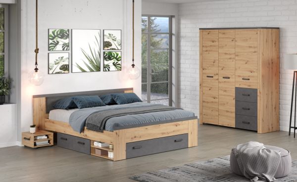 Stauraumbett Follow in Artisan Eiche und grau Set mit 2x Nachttisch und 3x Bettschubkasten Bett 180 x 200 cm