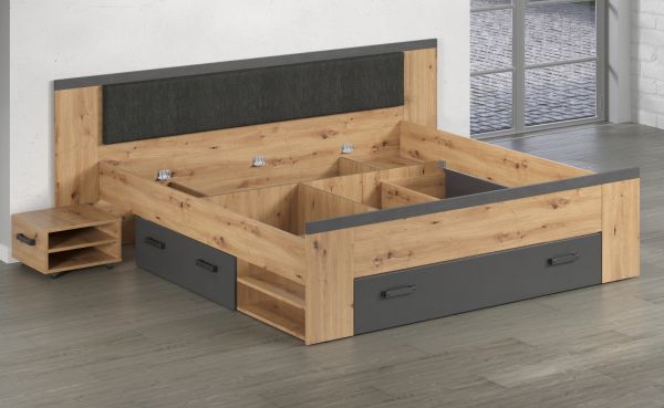Stauraumbett Follow in Artisan Eiche und grau Set mit 2x Nachttisch und 3x Bettschubkasten Bett 180 x 200 cm