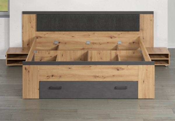 Stauraumbett Follow in Artisan Eiche und grau Set mit 2x Nachttisch und 3x Bettschubkasten Bett 180 x 200 cm