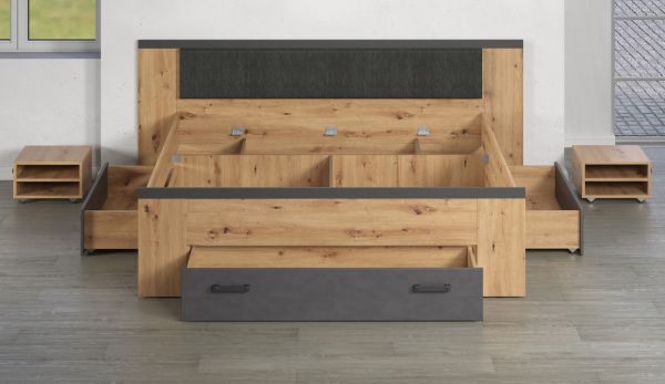 Stauraumbett Follow in Artisan Eiche und grau Set mit 2x Nachttisch und 3x Bettschubkasten Bett 180 x 200 cm