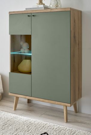 Highboard Juna in Salbei und Evoke Eiche Vitrine skandinavisch 90 x 134 cm