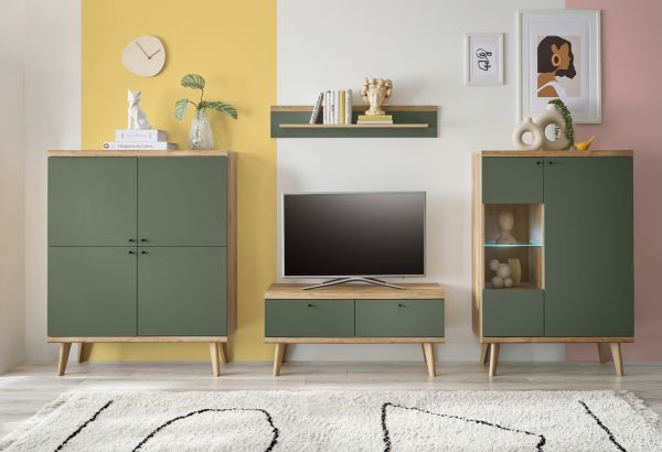 Wohnwand Juna in Salbei und Evoke Eiche Wohnkombination skandinavisch 4-teilig 324 cm