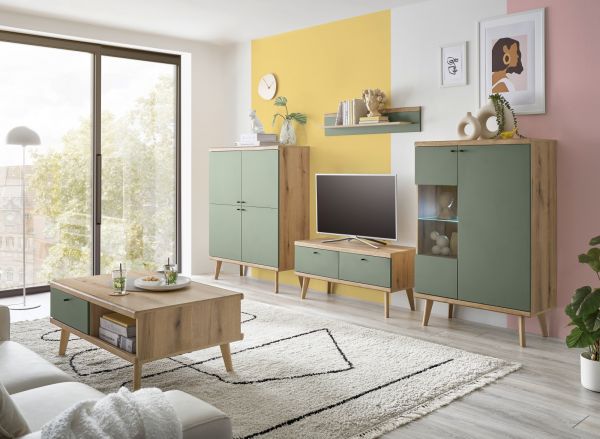 Wohnwand Juna in Salbei und Evoke Eiche Wohnkombination skandinavisch 4-teilig 324 cm