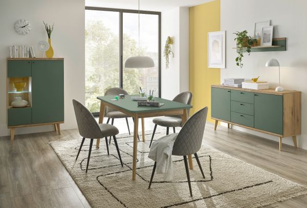 Wohnwand Juna in Salbei und Evoke Eiche Wohnkombination skandinavisch 4-teilig 324 cm