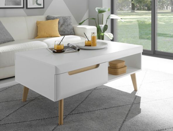 Couchtisch Isgard in wei matt und Scandi Eiche Beistelltisch skandinavisch 107 x 67 cm