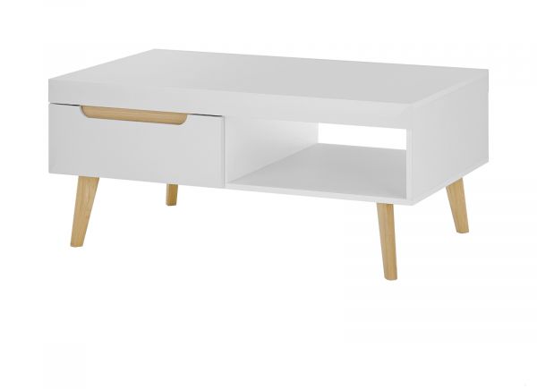 Couchtisch Isgard in wei matt und Scandi Eiche Beistelltisch skandinavisch 107 x 67 cm