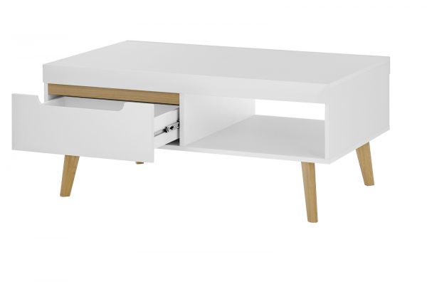 Couchtisch Isgard in wei matt und Scandi Eiche Beistelltisch skandinavisch 107 x 67 cm
