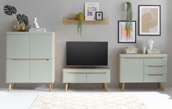 Wohnwand Isgard in Pistazie matt und Scandi Eiche Wohnkombination skandinavisch 4-teilig 361 cm
