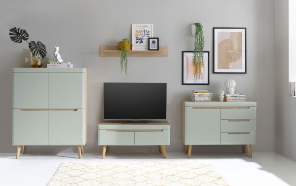 Wohnwand Isgard in Pistazie matt und Scandi Eiche Wohnkombination skandinavisch 4-teilig 361 cm