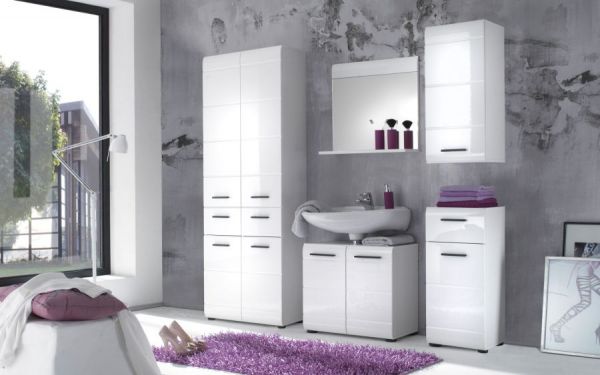 Badezimmer Spiegel "Skin" in weiß Hochglanz Badspiegel mit Ablage 60 x 55 cm