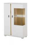 Vitrine Bellport in wei matt und Wotan Eiche Highboard inklusive Frontbeleuchtung 80 x 125 cm