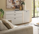 Sideboard Bellport in wei matt und Wotan Eiche Kommode inklusive Frontbeleuchtung 150 cm