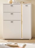 Highboard Bellport in wei matt und Wotan Eiche Kommode inklusive Frontbeleuchtung 100 x 125 cm