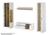 Wohnwand Bellport in wei matt und Wotan Eiche Wohnkombination inklusive Frontbeleuchtung 305 x 200