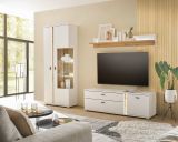 Wohnwand Bellport in wei matt und Wotan Eiche Wohnkombination inklusive Frontbeleuchtung 240 x 200