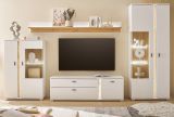 Wohnwand Bellport in wei matt und Wotan Eiche Wohnkombination inklusive Frontbeleuchtung 330 x 200