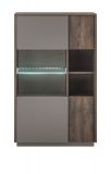 Vitrine Piano in Thermo Eiche und grau Highboard mit Soft-Close 80 x 130 cm