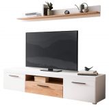 TV-Lowboard und Wandboard Lavell in wei matt und Evoke Eiche Wohnkombination 2-teilig, Soft-Close-Funktion