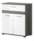 Badezimmer Kommode Bailey in wei Hochglanz und Rauchsilber grau Badschrank 71 x 79 cm